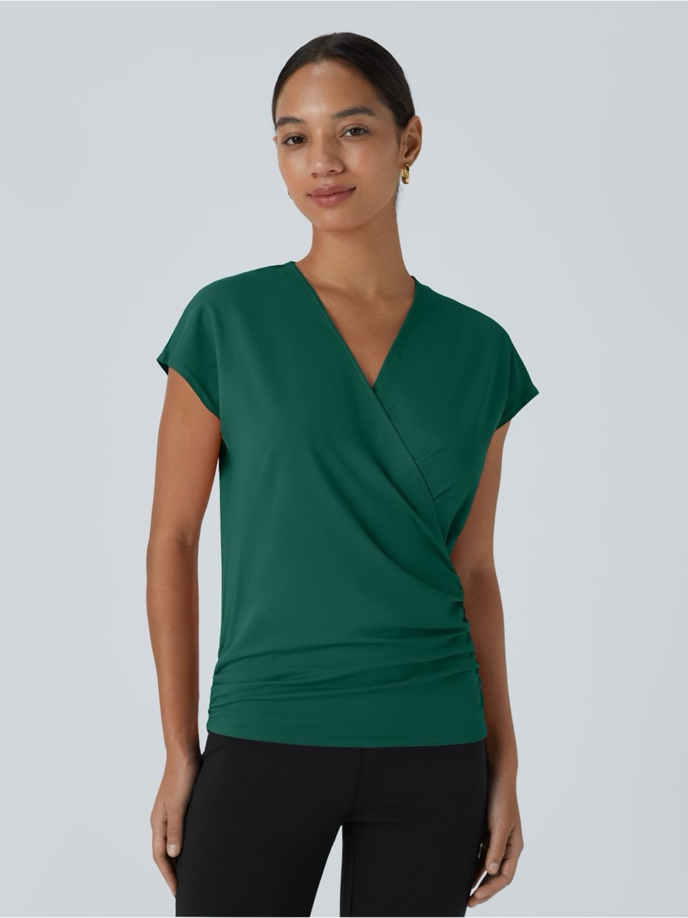 Halara NWT V Neck Crossover Ruched Blouse Emerald Green Work Top Women XL
